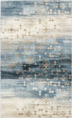 a blue and beige rug with an abstract design
