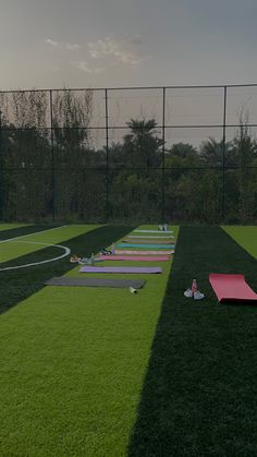 a row of yoga mats sitting on top of a lush green field