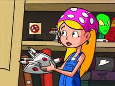 a cartoon girl holding a circular object in front of a shelf with other items on it