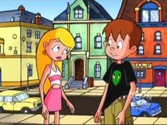 the cartoon boy and girl are talking to each other in front of some buildings with cars