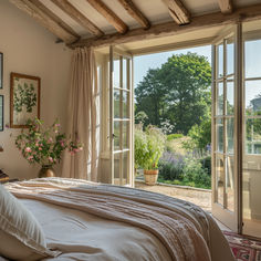 Bedroom with the bed positioned to face large windows or French doors, overlooking a garden or countryside view