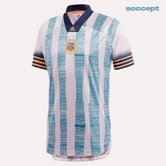 a soccer jersey with stripes on the chest and collar, in blue and white colors