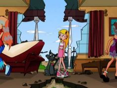 two cartoon characters standing in front of a living room filled with furniture and other items
