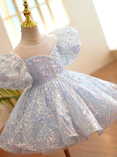 Princess Knee Length Flower Girl Dresses Party Tulle Short Sleeve Jewel Neck with Paillette - Child-4 Bust:22¾ inch Waist:22 inch Hips:22 inch Hollow to Floor:38¼ inch / Custom Color