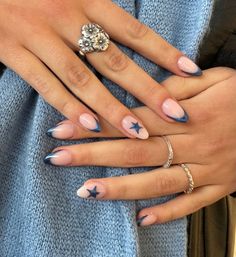 #nailinspo #naildesign #nailart #bluechrome #frenchtip #stars Nail Swag, Nail Designs, Dark Blue Nails, Trendy Nails, Nails At Home, Long Almond Nails, Blue Nail Designs, Nail Inspo, Uñas