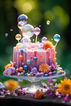a colorful cake with bubbles and flowers on it