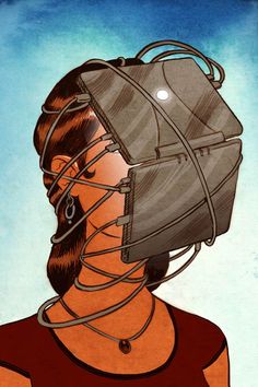 a drawing of a woman wearing a mask with wires attached to her head and the words,