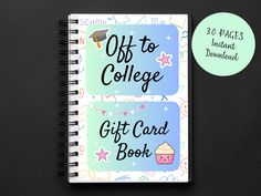 a notebook with the words off to college and a cupcake on it next to a sticker