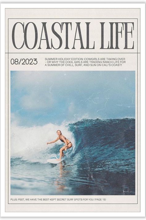 Girl surfing in blue water with the heading "Coastal life". Wall Poster. Instagram, Poster Prints, Surfing, Beach Girl, New Wall, Summer Poster, Surfing Pictures, My New Room, Poster Wall