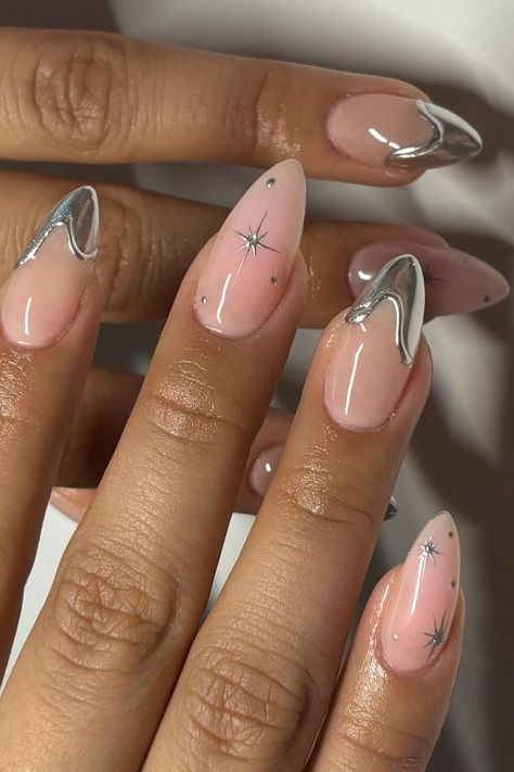 Add a touch of elegance and edge to your style with these sophisticated sheer pink stiletto nails featuring silver chrome French tips and delicate star designs. The perfect blend of chic and glam to make a fashion-forward statement. ✨ // Photo Credit: Instagram @ceesclaws Diy, Almond Nails, Nail Inspo, Ongles, Diy Nails