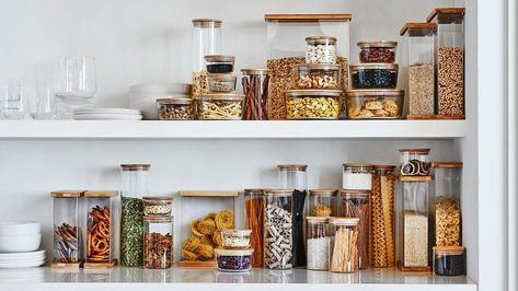 Storage Ideas for Every Type of Kitchen Food Storage, Canister Sets, Kitchen Canisters, Glass Canister With Wood Lid, Glass Storage Containers, Glass Canisters, Pantry Cabinet, Food Storage Containers, Crate And Barrel