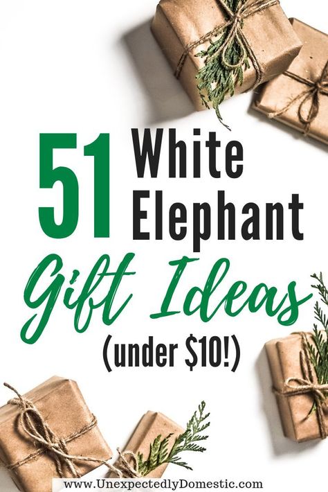 Check out these 51 cheap and clever white elephant Christmas gift ideas! They are all under $10, and are perfect for work or any gathering. These unisex Christmas gift ideas are perfect for coworkers or family white elephant gift exchanges. This list includes gifts that are nice AND funny! You'll even find gifts for hard to buy for teens. #christmasgifts #whiteelephant #whiteelephantgifts #gifts #christmasgiftsideas #christmasgiftideas2018 #unexpectedlydomestic