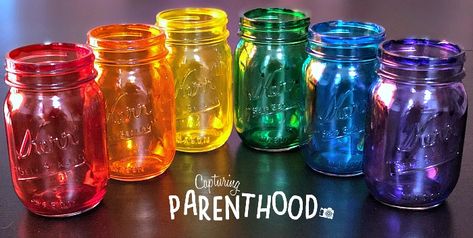 Rainbow-Tinted Mason Jars Mason Jars, Mason Jar Crafts, Mason Jar Projects, Diy, Jar Crafts, Crafts With Glass Jars, Tinting Mason Jars Diy, Paint Mason Jars, Diy Jar Crafts
