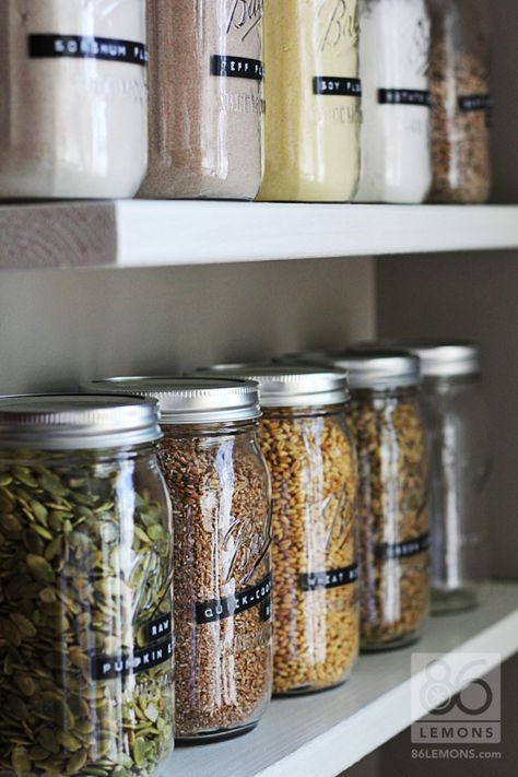 Open Pantry shelves with canning jars   86lemons.com Kitchens, Larder, Kitchen Decor, Diy Kitchen, Trendy Kitchen, Kitchen Pantry, Pantry Storage, Pantry Organisation, Pantry