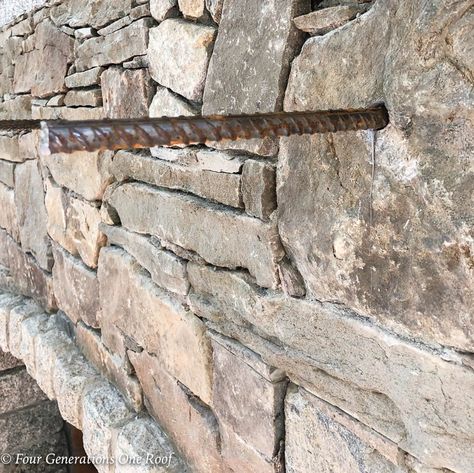 How to install a wooden beam mantel with Rebar | Steel Rebar Rod Install on Stone Fireplace Design, Fireplace Beam, Brick Fireplace Makeover, Craftsman Fireplace, Stacked Stone Fireplaces, Stone Fireplace Mantel, Stone Fireplace Makeover, Wood Mantle Fireplace, Fireplace Update