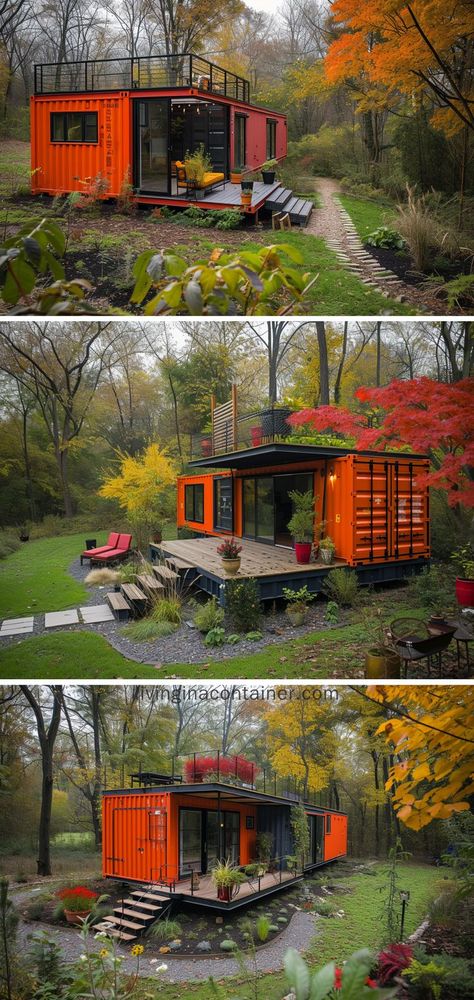 Nestle into the season with this autumn-inspired container home, a perfect blend of rustic charm and modern design.#shippingcontainerhomes #architecture #containerhouse #containerhousedesign #containerhouseideas #containercabin #tinyhousedesign #containerhomes #housedesign #beforeandafterhome