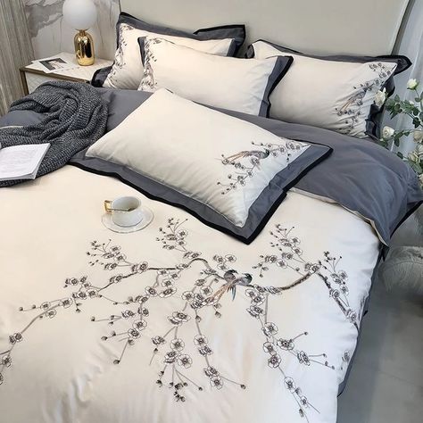White Flower Bird Embroidered Bedding Set 600TC Egyptian Cotton Silky Soft Double Size Bed Sheet Pillowcase Duvet Cover 4Pcs Decoration, Home Décor, Inspiration, Design, Dining Room, Home, Dining Rooms, Ideas, Living Room Decor
