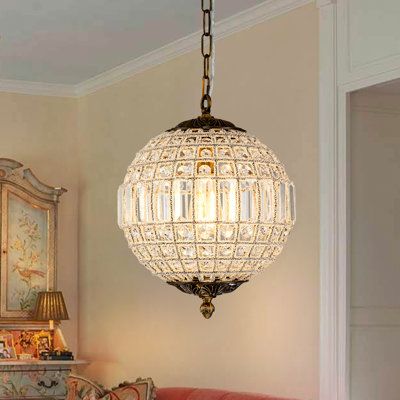 This globe crystal chandelier is a stylish blend of function with classic and vintage appeal. Crafted with a metal frame and high-quality crystal, the metal frame is handmade with crystal wire to give this fixture a special texture look and create a warm ambiance. Available in 3 sizes. Hung by an adjustable chain and mounted by a sloped ceiling-compatible canopy, this classic pendant chandelier fits any place in your house. Size: 15.9'' H x 11.8'' W x 11.8" D | House of Hampton® Ennu Light Spher Home Office Pendant Lights, Globe Crystal Chandelier, Vintage Style Chandelier, Vintage Bathroom Chandelier, French Kitchen Pendant Lights, Cozy Canopy Bedroom, Crystal Globe Chandelier, Cottage Style Lighting Fixtures, Vintage Lighting Fixtures