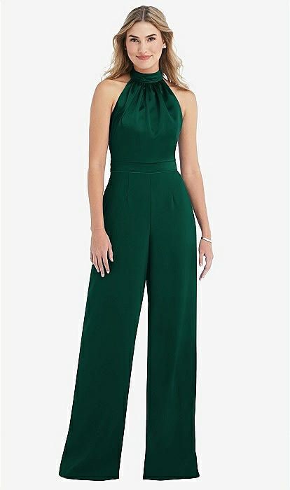 High-neck Open-back Jumpsuit With Scarf Tie In Hunter Green & Hunter Green | The Dessy Group Bridesmaid Dresses, Outfits, Dress Measurements, Formal Jumpsuit, Jumpsuit Elegant, Prom Jumpsuit, Jumpsuits For Women, Jumpsuit Romper, Crepe Jumpsuit