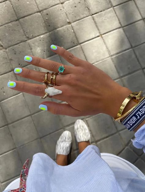 Embrace warm vibes with these trendy summer nail designs! Perfect for 2024, these short nail ideas showcase the latest colors and styles for a chic look. We love these short baby blue and neon green nails, for example! Nail Designs, Neon, Casual Nails, Swag Nails, Nail Inspo, Two Color Nails, Minimalist Nails, Nail Colors, Neon Green Nails