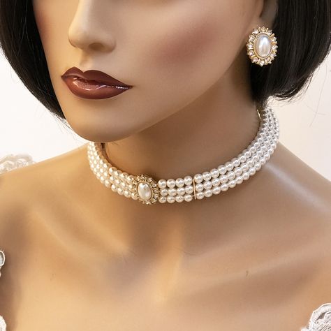 Bridal jewelry set, Bridal choker necklace earrings, Wedding choker, white Victorian pearl jewelry set, bridesmaid jewelry, choker set by GlamDuchess on Etsy Design, Bijoux, Pearl Necklace, Bridal Jewelry Sets, Bride Pearl Necklace, Pearl Necklace Earrings, Handmade Bridal Jewellery, Wedding Jewelry Sets, Pearl Jewelry