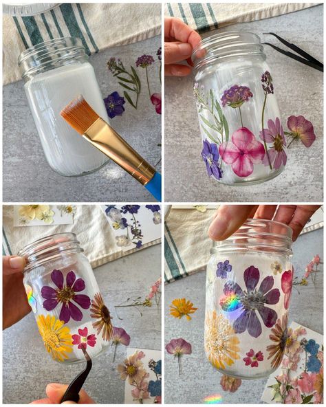 How to Make Dried Flower Candle Jar Lanterns (Pressed Flower Crafts) ~ Homestead and Chill Diy, Candle Jar Diy, Candle Crafts Diy, Crafts With Glass Jars, Tea Light Crafts, Candle Craft, Candle Jars, Pressed Flower Candles, Flower Candle Holder