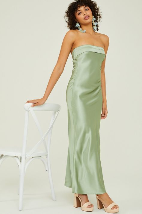 Paityn Strapless Maxi in Sage | Altar'd State Special Occasion, Prom, Online Shopping, Strapless Dress, Strapless Maxi Dress, Strapless Maxi, Satin Maxi Dress, Satin Maxi, Pink Strapless Dress