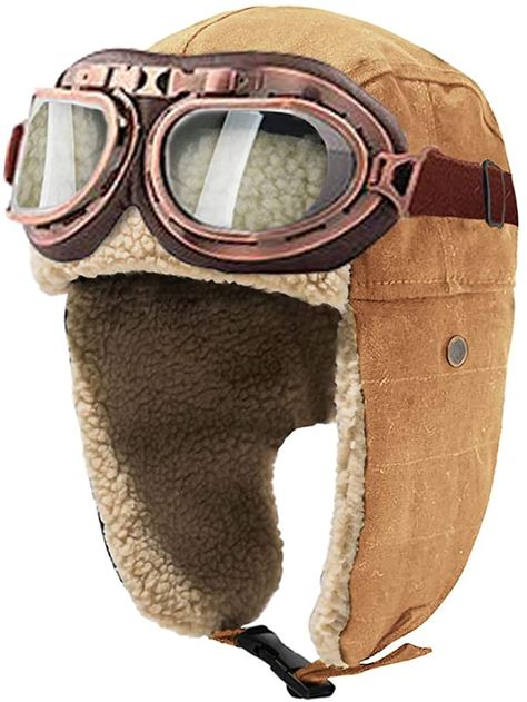 Amazon.com : Peicees Vintage Aviator Hat and Goggles Costume Accessories Winter Snowboard Fur Ear Flaps Trooper Trapper Pilot Cap Motorcycle Goggles for Men Women Kids Youth (Khaki Hat+Copper Frame/Clear Lens) : Clothing Retro, Grunge, Costumes, Models, Aviator Hat, Ski Goggles, Trapper Hats, Goggles, Winter Hats For Men