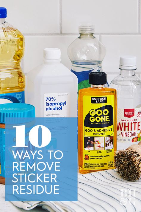 Follow these tips to learn how to get sticker residue off glass, plastic, wood, and even clothing using products you have around the house to safely soften and remove the stuff. #removestickerresidue #stickerresidue #stickerresidueglass #stickerremoval #cleaningtips  #bhg Home Décor, Diy, Cleaning Tips, Remove Tape Residue, Remove Sticky Residue, How To Remove Adhesive, Remove Sticker Residue, How To Remove Glue, Remove Sticky Labels