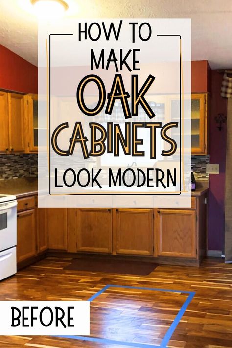 oak kitchen cabinets with wood floor, red walls with text overlay how to make oak cabinets look modern. Home Décor, Layout, Design, Wood Kitchen Cabinets, Oak Kitchen Cabinets, Oak Cabinets, Redo Kitchen Cabinets, Diy Kitchen Cabinets Makeover, Update Cabinets
