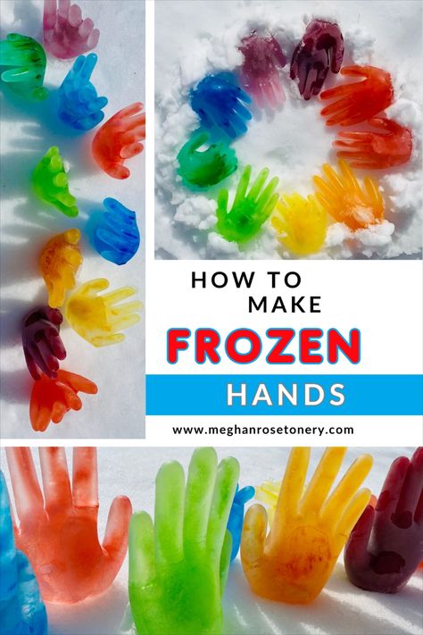 Brightly colored ice hands in the snow with the title: "How to Make Frozen Hands." Pre K, Ideas, Ice Crafts Preschool, Sensory Activities Toddlers, Science Experiments Kids, Ice Crafts, Sensory Activities For Preschoolers, Food Activities For Toddlers, Frozen Activities