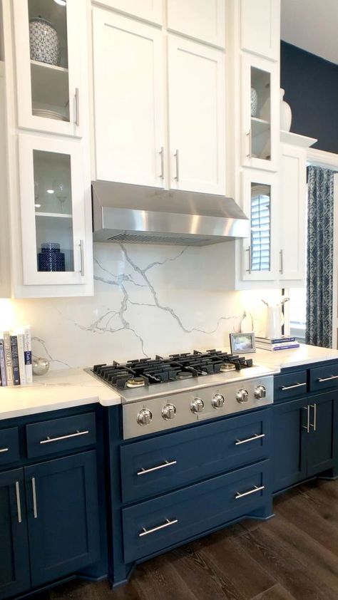 Interior, White Kitchen Counters, Navy Kitchen Cabinets, Blue Kitchen Cabinets, Kitchen With Blue Cabinets, Kitchen Cabinets Color Combination, Navy Blue Kitchen Cabinets, Kitchen Cabinet Colors, Modern Kitchen White Cabinets