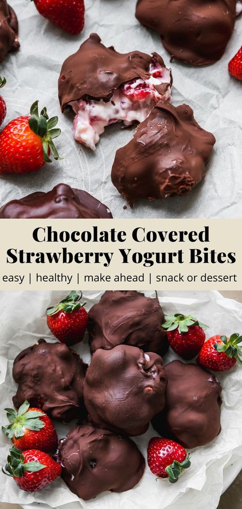 Pinterest graphic for a chocolate covered strawberry yogurt bites recipe. Dessert, Foodies, Healthy Dessert Recipes, Pasta, Snacks, Desserts, Healthy Sweets, Healthy Sweets Recipes, Yogurt Bites