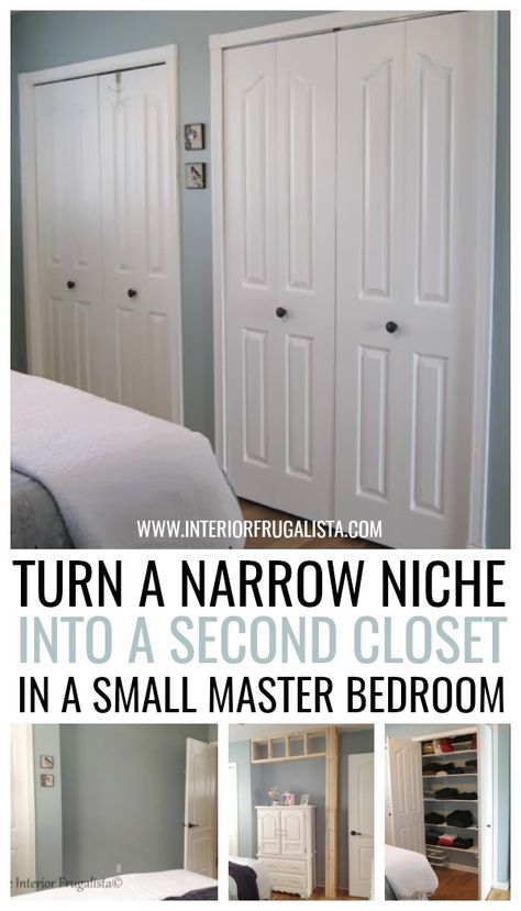 How to turn a narrow 12-inch niche in a small 1960's master bedroom into a much needed second closet, perfect for folded clothes and bed linens. Decoration, Home Décor, Design, Closet Remodel, Closet Addition, Closet Makeover, Closet Behind Bed, Narrow Closet, Closet Space