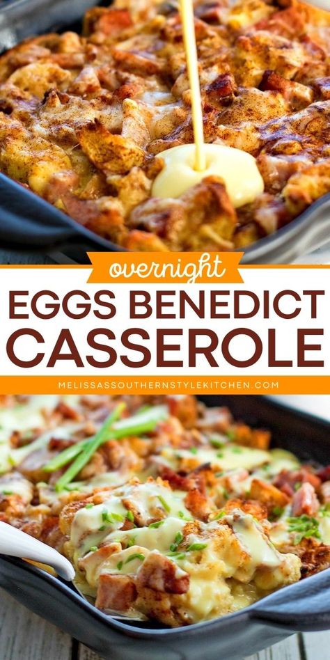 A perfect Easter brunch idea! It's a breakfast casserole recipe you can make ahead. Served with a drizzle of an easy blender hollandaise sauce, this Overnight Eggs Benedict Casserole is sure to be a hit at your Easter Sunday breakfast! Hollandaise Egg Bake, Eggs Ole Breakfast Casserole, Brunch Dish Ideas, Hawaiian Breakfast Casserole, Irish Eggs Benedict, Breakfast Casserole With Sourdough Bread, Sweet Breakfast Casserole Recipes, Easter Casserole Recipes Breakfast, Breakfast Hot Dish