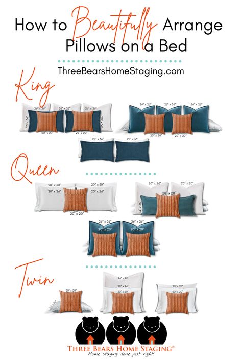 How to arrange pillows on a bed depends on the size of the bed, the style of the room, and the type of pillows you’re using. A well-staged bedroom conveys an atmosphere of calm, rest, and relaxation. Let’s take a look at a few different ways to style throw pillows for beds that will wow potential buyers and show them what a relaxing space you have to offer. Queen, Inspiration, Bedroom, Haus, House, Bedroom Design, Camas, Creative Bedroom, Bedroom Interior