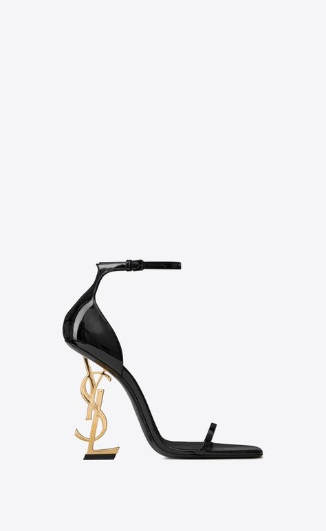 SAINT LAURENT YSL heel shoes Woman OPYUM sandals in metallic leather with a black heel (110) V4 Shoes, Designer Shoes, Heels, Saint Laurent, Ysl Heels, Patent Leather, Leather Fashion, Fashion Boots, Ysl