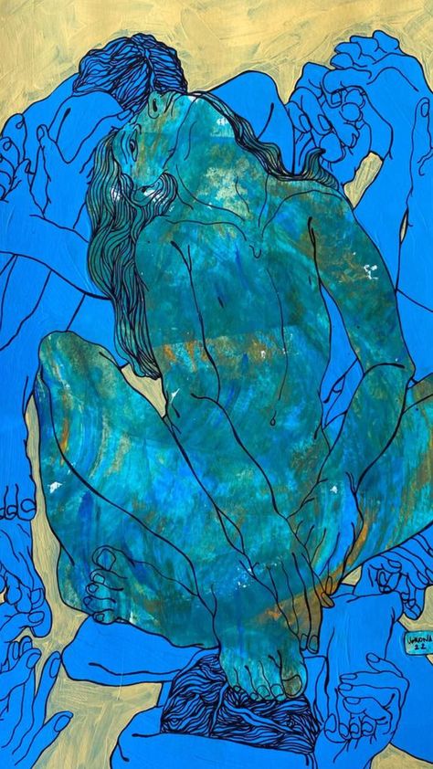 A figurative painting in rich blue hues depicting elongated bodies, feet, and hands layered on top of each other.