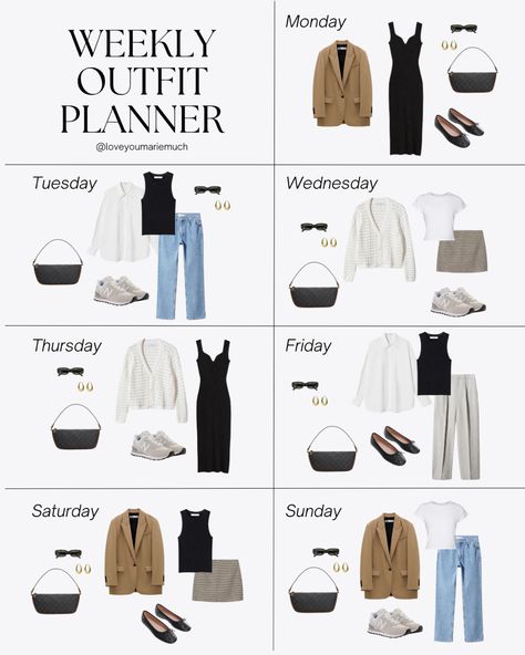 Capsule wardrobe. How to style. Weekly Outfit Planner. Outfit Ideas For The Week. Clothes, Outfits, Casual, Mode Wanita, Outfit, Ootd, Moda, Trendy, Fasion