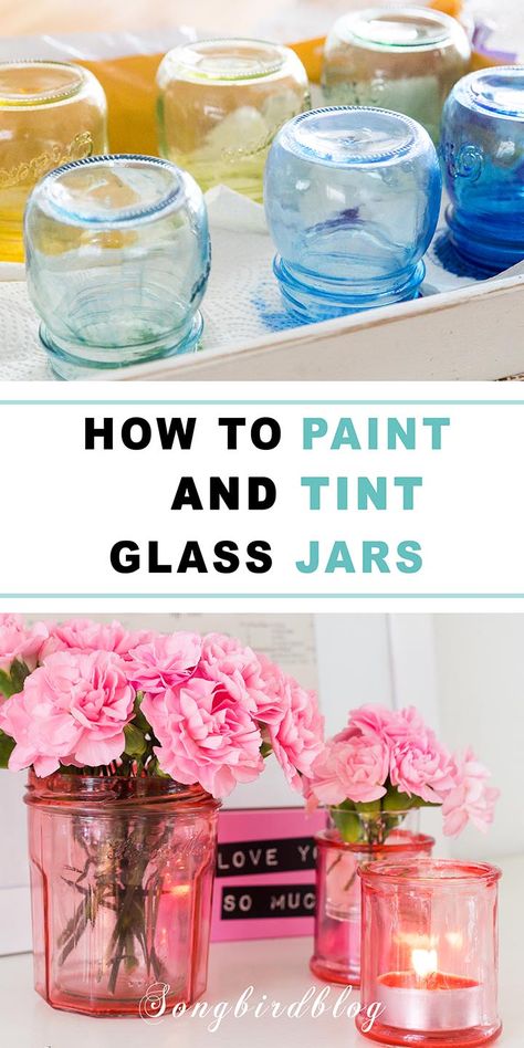 Decorate Glass Bottles Diy, Diy Stained Glass Jars, Diy Glass Stain, Stained Glass Jars Diy, Decorating With Glass Bottles, How To Stain Glass Bottles, Painting Glass Candle Holders, How To Stain Glass Jars, How To Paint Mason Jars Diy