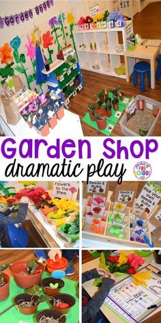 Garden Shop Dramatic Play (or Flower Shop) for a spring theme, Mother's Day theme, or summer theme when everything is growing and blooming. Any preschool, pre=k, and kindergarten kiddos will LOVE it (and learn a ton too). #flowershop #gardenshop #presschool #prek #dramaticplay Play, Pre K, Spring Preschool, Preschool Garden, Dramatic Play Themes, Dramatic Play Area, Spring Activities, Dramatic Play Preschool, Play Garden