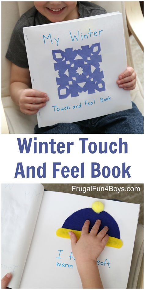 Make a simple winter touch and feel book that toddlers and preschoolers will love!  Use materials from around the house. Pre K, Toddler Books, Winter, Toddlers And Preschoolers, Crafts, Montessori, Winter Activities For Kids, Winter Preschool, Winter Lesson Plan