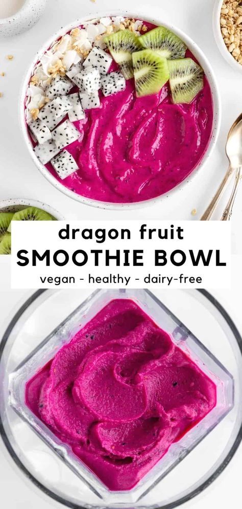 This dragon fruit smoothie bowl is healthy, easy, vegan, and dairy-free! Make this homemade pitaya bowl recipe with 5 ingredients, including banana, mango, raspberries, and plant-based milk. It's a tropical breakfast smoothie that's great for kids and all ages. Add toppings and enjoy it with a spoon! #smoothiebowl #smoothie #smoothierecipe #dragonfruit #pitaya #breakfastideas #breakfastrecipe #veganbreakfast #veganrecipes #dairyfree #mango #banana #raspberry #plantbased Snacks, Nutrition, Avocado, Smoothies, Brunch, Mango Smoothie Bowl, Fruit Smoothie Recipes Healthy, Smoothie Bowl Recipe Healthy, Smoothie Bowl Recipe