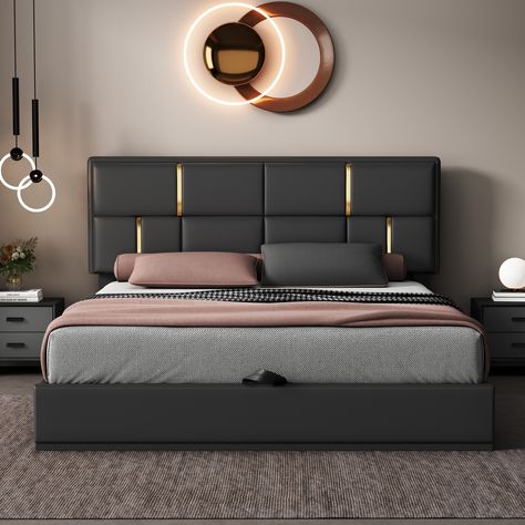 [Elegant Design] Upholstered in carefully-selected soft fabric, with gold decoration on the headboard, this platform bed not only suits any home décor, but is timeless in its design. Design, Queen, Home, Bedroom Sets, Home Décor, Queen Size Platform Bed, Queen Size Bedding, Bedroom Sets Queen, Platform Bed With Storage