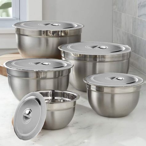 PRICES MAY VARY. Set of 5 premium-quality stainless-steel bowls with steel lids for food storage, baking and cooking preparation. These brushed-metal nesting bowls come in sizes 14,18,22,26,30cm. Wide, flat rim ensures a sturdy grip for pouring, mixing, whisking, meal prepping, and serving. Deeper than regular bowl sets, our stainless bowls allow for larger servings and less mess! The small bowls are preffered for whisking and beating smaller quantities, while the large bowls are ideal for mixin Food Storage, Modern Serving Bowls, Stainless Steel Bowl, Stainless Steel Kitchen, Serving Bowl Set, Serving Bowls With Lids, Buy Kitchen, Stainless Steel, Bowl Set
