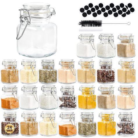 PRICES MAY VARY. 🐙【UPGRADE SMALL JARS SET】 Small glass jars*24, Free Chalkboard labels*24, Cleaning brush*1 and Whiteboard pen*1. Each small jar is made of the highest quality materials. Most important is the quality packaging we use can provide best protection for the small glass jars. 🐙【PREMIUM AIRTIGHT SPICE JARS】 We insist on using food-grade glass storage jars instead of plastic containers, which are clear, beautiful and safe. BPA Free 100% food safe grade glass and food grade test approv Perfect Glass, Glas, Jar, Pots, Pantry Design, Spices, Canisters, Plastic Containers, Storing Spices