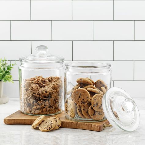 Cookie Jars Display, Kitchen Jar Set, Glass Cookie Jars, Glass Jars With Lids, Snack Jars, Treat Jars, Glass Storage Jars, Jar Display, Gallon Jars