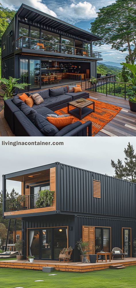 Discover this stylish two-tiered container home, boasting expansive views, open-plan living, and a seamless indoor-outdoor flow. #containerhomes #shippingcontainerdesign #ecofriendlyhomes #tinyHomes #sustainableliving #containerarchitecture #repurposedcontainers #moderndesign #containerinteriors #diycontainerhomes #minimalistliving #containerhomeplans #offgridliving #customcontainerhomes #compactlivingspaces Tiny House Design, Shipping Container Homes, Container Home Plans, Container House Design, Container House Plans, Shipping Container Home Designs, Container Home, Container Homes, Building A Container Home