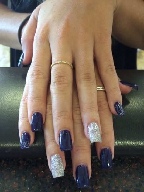 Glitter, Navy Blue Nails, Navy And Silver Nails, Navy Blue Nail Polish, Navy Nails, Navy Blue Nail Designs, Blue And Silver Nails, Blue And White Nails, Dark Blue Sparkly Nails