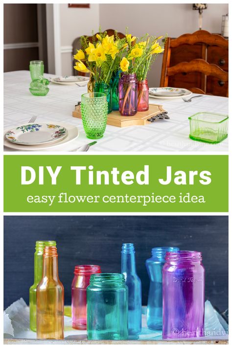 Upcycle empty glass jars with food coloring and mod podge for a beautiful look to your table with minimal time and cost. Minimal, Glass Jars Diy, Glass Jar Diy, Diy Jar Crafts, Jar Diy, Glass Jar Decorating Ideas, Glass Jars, Jar Decorating Ideas, Empty Candle Jars